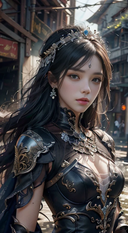 a woman in a black dress, realistic Art Station, hard raining scene, Detailed Fantasy Art, Stunning Character Art, beautiful Exquisite Character Art, Beautiful black Armor, Extremely Detailed, black armor Girl, Exquisite Intricate Headdress and Jewelry, whole body capture