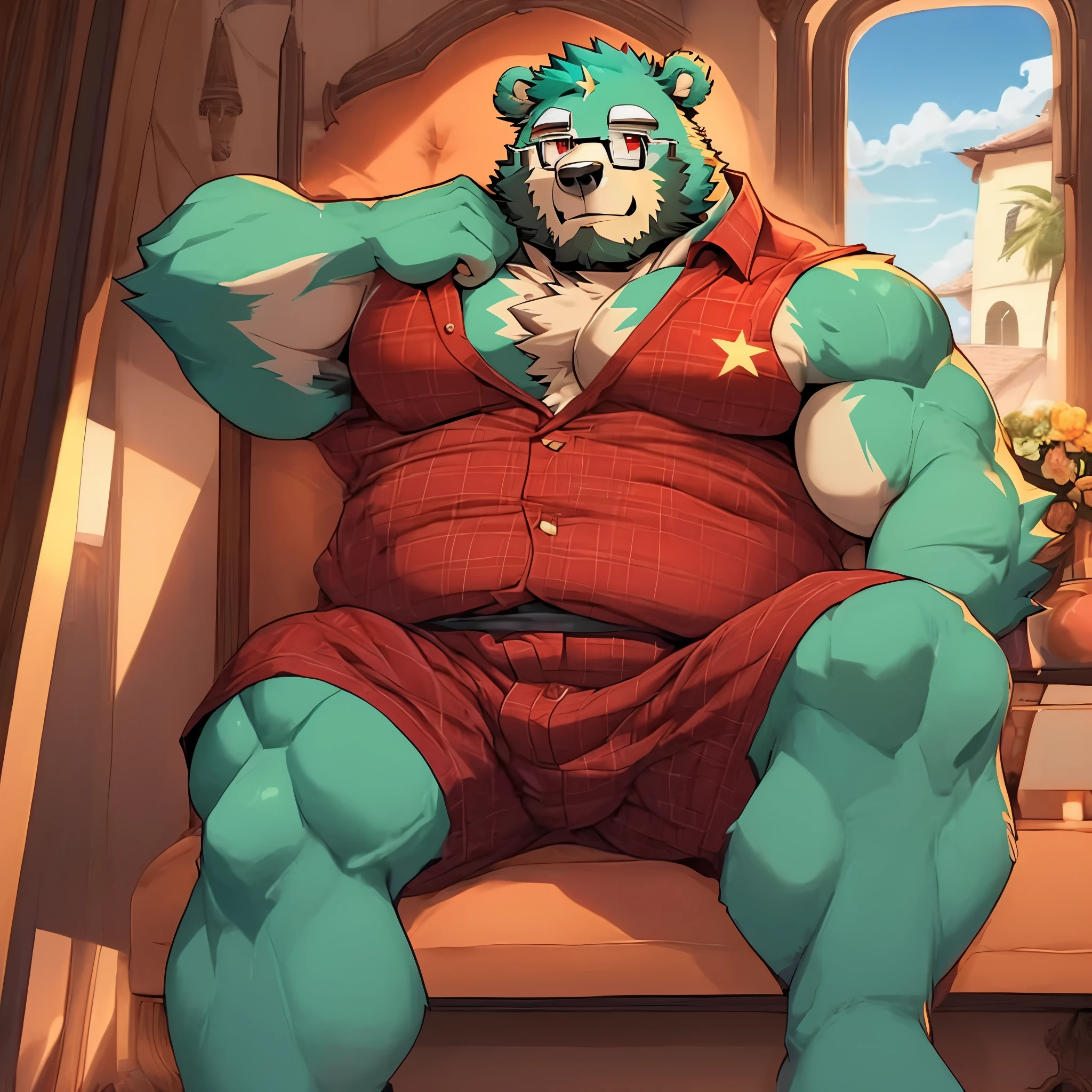 anthro ((bear)), furry, bear, green fur, green hair, ((beard)), male, white eyebrows, red eyes, masterpiece, ((Best quality)), character focus solo, handsome, middle-aged, mature, muscle body, sexy, dilf, full body, (((jinpei))), middle-aged, male grizzly bear, long beard, facial hair, overweight male,stocky,glasses,(yellow stars print oversized teal loose_boxers:1.3),(red plaid shirt, open shirt:1.3), inside bedroom, chubby, anatomically correct, seductive look, masterpiece, best quality, naughty, smirk, glasses, full body, detailed background, by adios, low-angle view, sitting