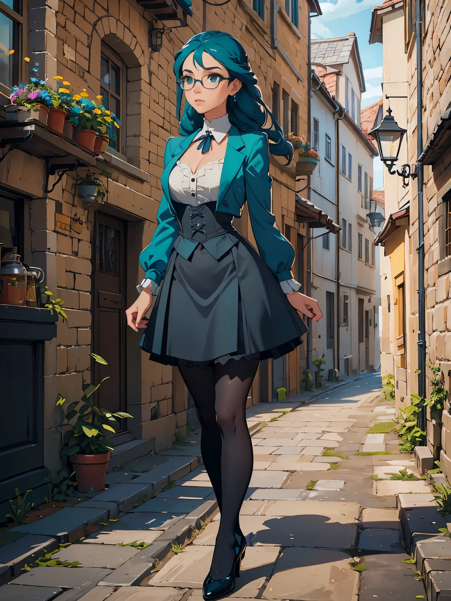 Masterpiece, best quality, (medieval village), (cobblestone road), sunny day, 1_woman, full body, looking away from camera, stoic face, teal hair, long double hair braids, bright teal hair, diamond shaped eyes, glasses, large_bust, chest window, cleavage, dark blue victorian blazer, white halter top blouse, double button breast, dark blue lolita skirt, silver trim, black tights, black heels, petite, small waist, perfect hands,