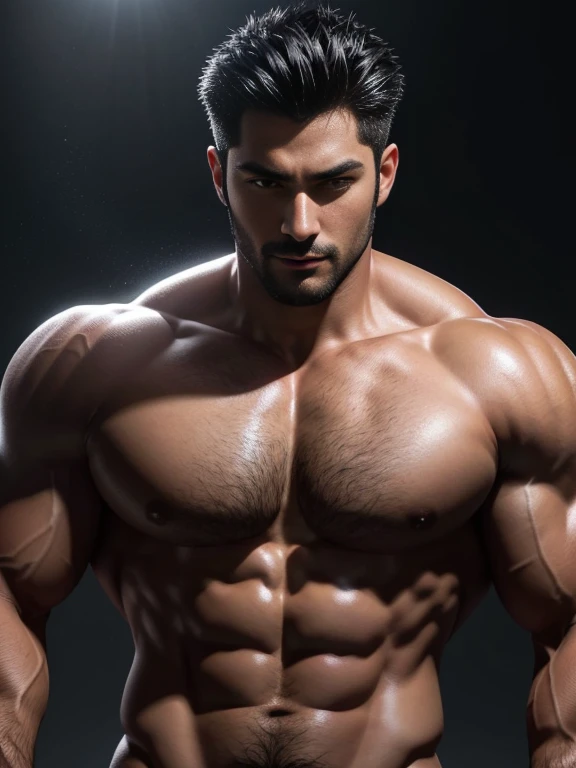 (8K,(8K分辨率),Muscular blacks, cool guy,sexy for, Bright and attractive eyes,malancholic look,Dark skin, Smooth and shiny,丰满的chest muscle,chest muscle,Naked,Lush chest and body hair,white colors,Large bumps visible,Best quality,profesional lighting,professional photoshooting,real photograph,realistic model,photorealistic art