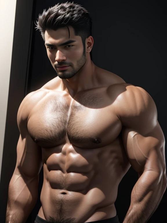 (8K,(8K分辨率),Muscular blacks, cool guy,sexy for, Bright and attractive eyes,malancholic look,Dark skin, Smooth and shiny,丰满的chest muscle,chest muscle,Naked,Lush chest and body hair,white colors,Large bumps visible,Best quality,profesional lighting,professional photoshooting,real photograph,realistic model,photorealistic art