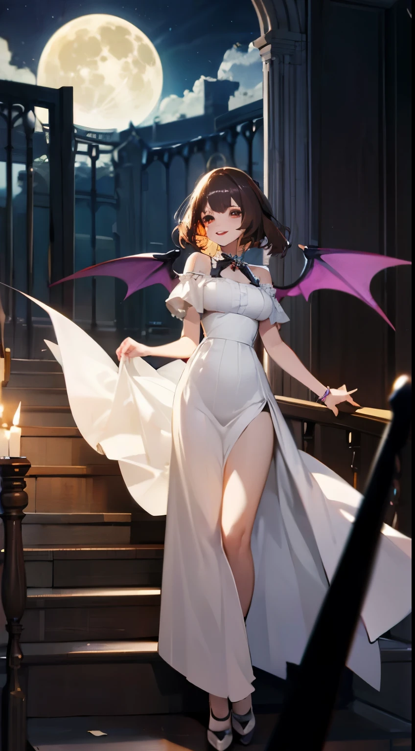 Anime style, better quality possible, dark night full moon, perfect body pale, albine evil gothic vampire woman, dark brown hair, brown eyes, she has open bat wings, wearing very transparent gothic dress, she smile and shows vampires teeth, she is in stairs, ambient living room of colonial castle, big open windows show night time and full moon, iluminated by candles