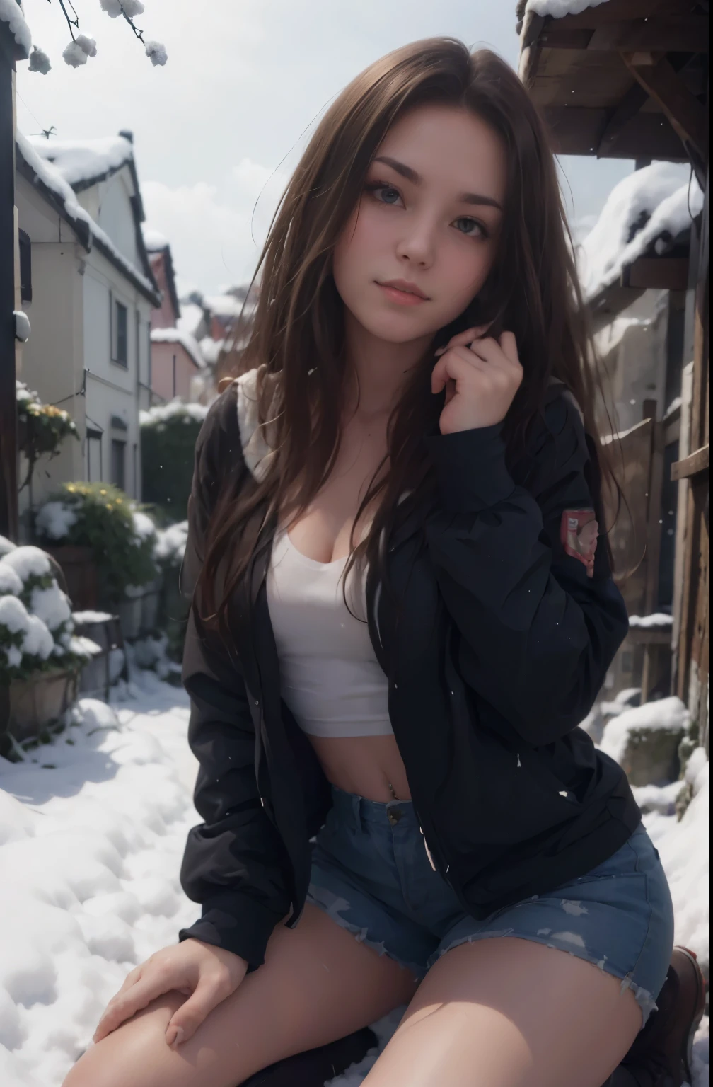 (8k, RAW photo, best quality, mastery:1.3), (realistic, photo-realistic:1.37), (looking viewer:1.331), (brunette hair), posing raunchy Seductively, Side view, Kneeling on all fours, winter vintage street, fantasy snowy village, soft light, 1girl, full body, beautiful thighs, extremely beautiful face , Perfect body proportions, (small face: 1.1), bust, casual hairstyle, smile, big eyes, (winter jacket with inner shirt mini shorts, boots), mix4, detailed eyes