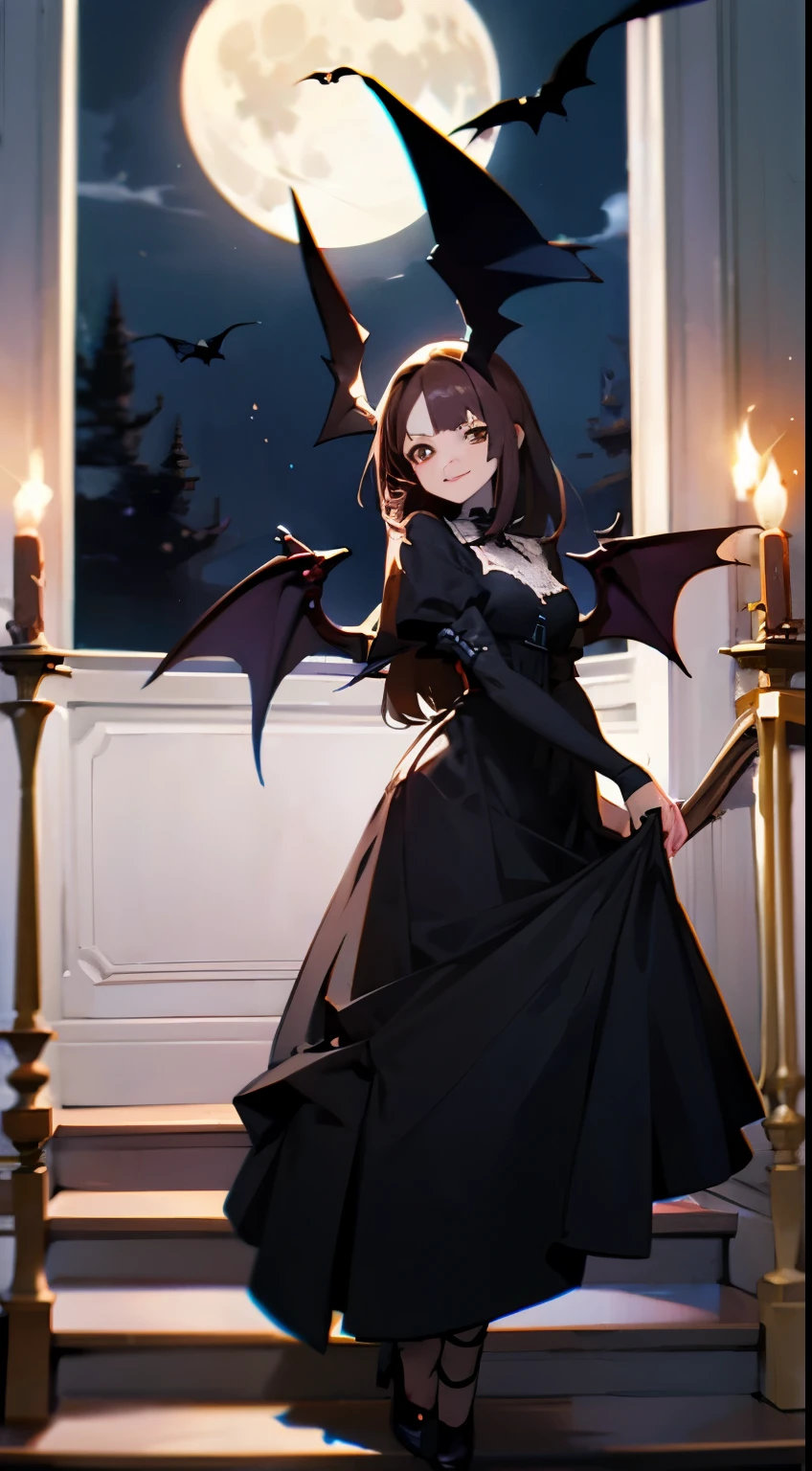 Anime style, better quality possible, dark night full moon,  perfect body pale, albine evil gothic  vampire woman, dark brown hair, brown eyes, she has open bat wings, wearing very transparent gothic dress, she smile and shows vampires teeth, she is in stairs, ambient living room of colonial castle, big open windows show night time and full moon, iluminated by candles