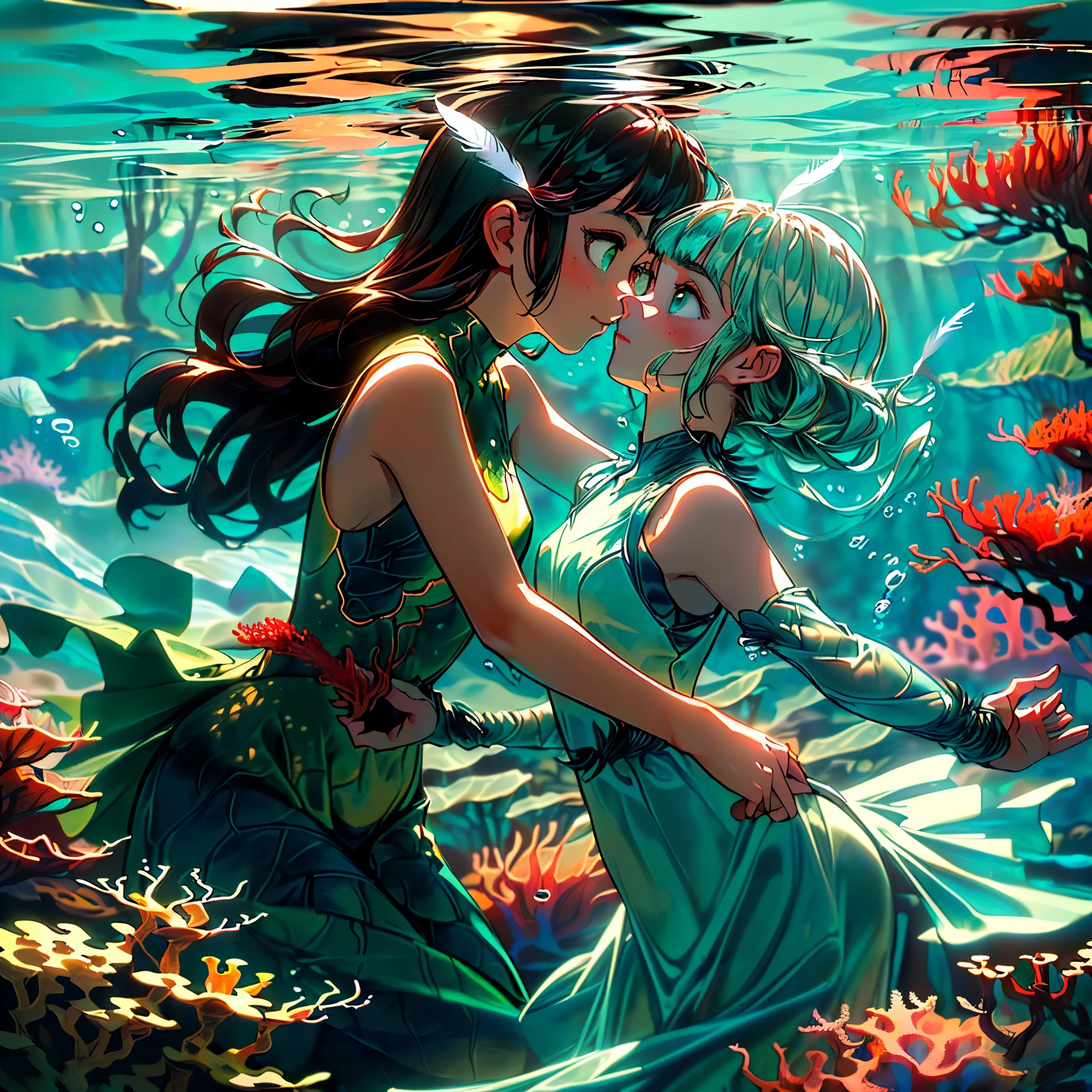(((masterpiece))),(((best quality))),((ultra-detailed)),((underwater)),(illustration),(beautiful detailed water),((coral)),open tuck,((extremely delicate and beautiful girls)),dynamic angle,floating,(beautiful detailed eyes),(detailed light),(li),floating hair,glowing eyes,(splash),underwater),((fishelack hair,green right eye,iceblue left eye,very long white dress,feather,nature,(sunlight),(underwater forest),(painting),(bloom),(detailed glow),(drenched),seaweed,fish,(((Tyndall effect))),face to face --s 1000 --c 20 --q 20