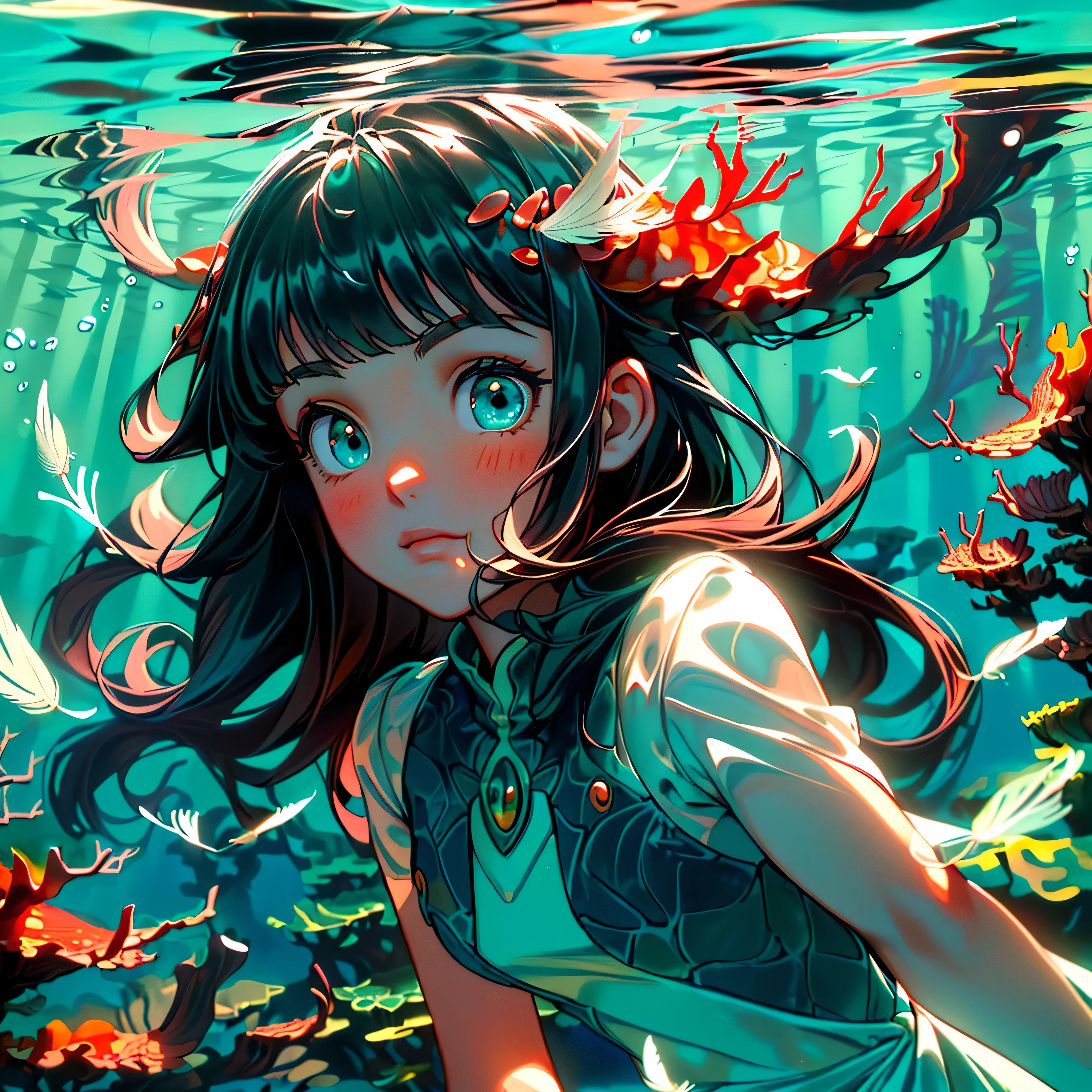 (((masterpiece))),(((best quality))),((ultra-detailed)),((underwater)),(illustration),(beautiful detailed water),((coral)),open tuck,((extremely delicate and beautiful girls)),dynamic angle,floating,(beautiful detailed eyes),(detailed light),(li),floating hair,glowing eyes,(splash),underwater),((fishelack hair,green right eye,iceblue left eye,very long white dress,feather,nature,(sunlight),(underwater forest),(painting),(bloom),(detailed glow),(drenched),seaweed,fish,(((Tyndall effect))),face to face --s 1000 --c 20 --q 20