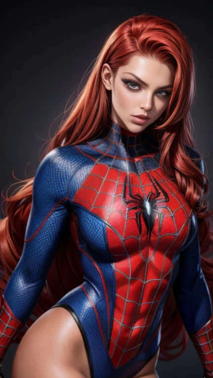 Linda mulher ruiva detalhou o corpo definido, usando o traje do homem aranha, Seios enormes, pose de modelo do homem aranha