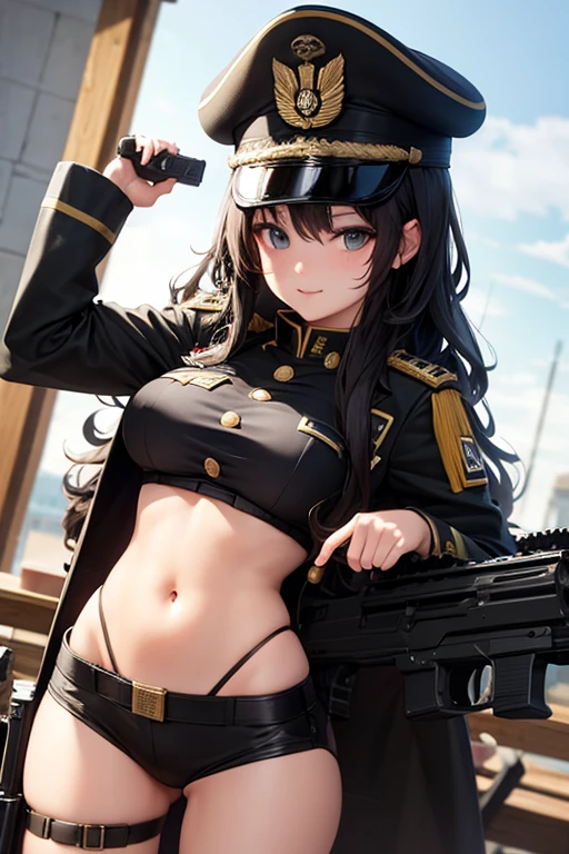 Military Uniform, Long Curly Black Hair, Breast, Military Cap, Bikini, Gun