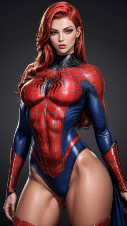 Linda mulher ruiva detalhou o corpo definido, usando o traje do homem aranha, Seios enormes, pose de modelo do homem aranha