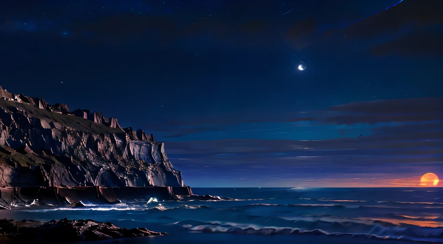 In a small coastal town, nestled between the towering cliffs and the vast expanse of the sea. mid-light, full moon.