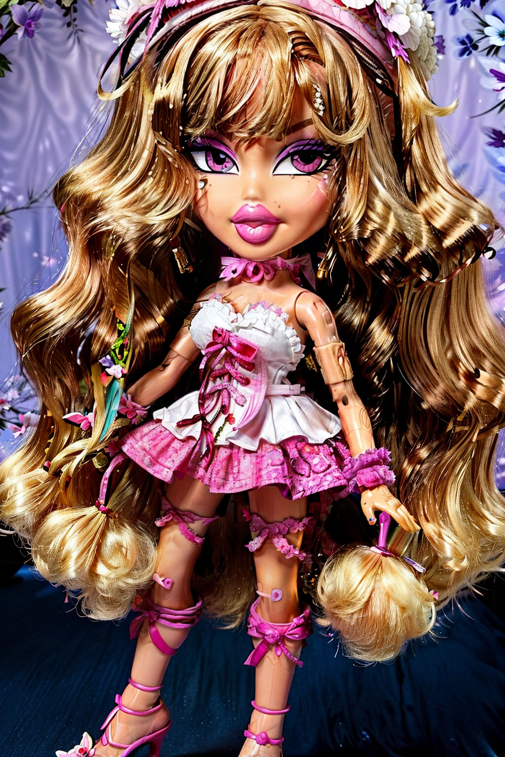 Bratz girl with detailed eyes and big lips and blonde curly rococo hair, wearing versace colorful flowers dress , full body , plastic skin , doll joints , ,(masterpiece, top quality, best quality, beautiful and aesthetic:1.2), yakumo_yukari_touhou, doll, revealing clothes, big head, 1girl, solo, breasts, curvy, wide hips, narrow waist, joints, doll joints, cleavage, bursting breasts, huge breasts, lips, 1girl, blonde_hair, ribbon, hat, long_hair, mob_cap, hat_ribbon, red_ribbon, smile, white_headwear, bangs, bow, breasts, purple_eyes, hair_between_eyes, hair_bow, tabard, large_breasts, very_long_hair, full body, high heels, thighhighs