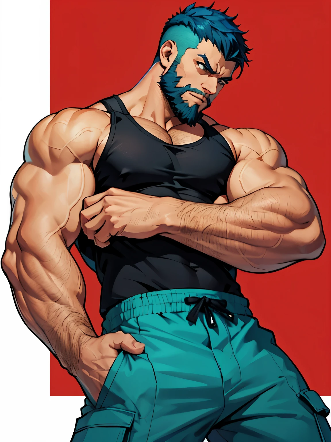 Two characters, both facing each other, in fighting stances Dojo Background, with Persona 5 game Artsyle, First charactera muscular young man with cyan blue hair in a undercut hair and tanktop and cargo pants outfit has a Short Trimmed beard no tatoos badass has a relaxed expression, Second Character is a young man with small beard wearing a karate uniform is very big muscular has long black hair have serious expression body hairless