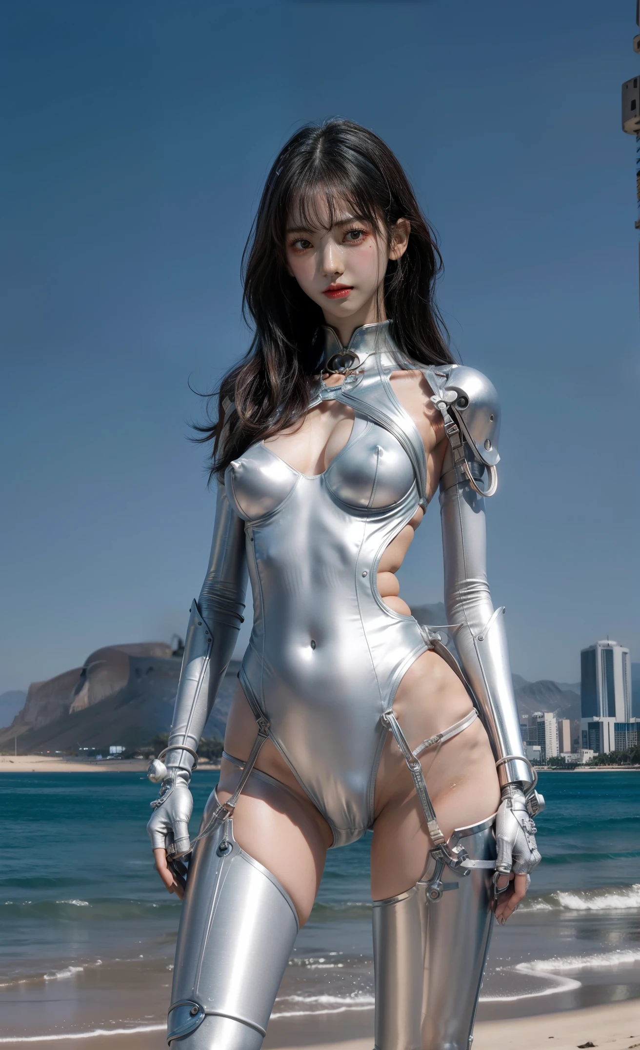 Best quality, delicate face, 20-year-old kpop idol girl, silver cyborg body, (medium breasts:1.5), metal structural skeleton, mechanical joint, bangs, seaside, standing posture, beach, (puffyareolas), (camel toe, cameltoe, vulvashaped:1.2), cyberpunk, sci-fi,