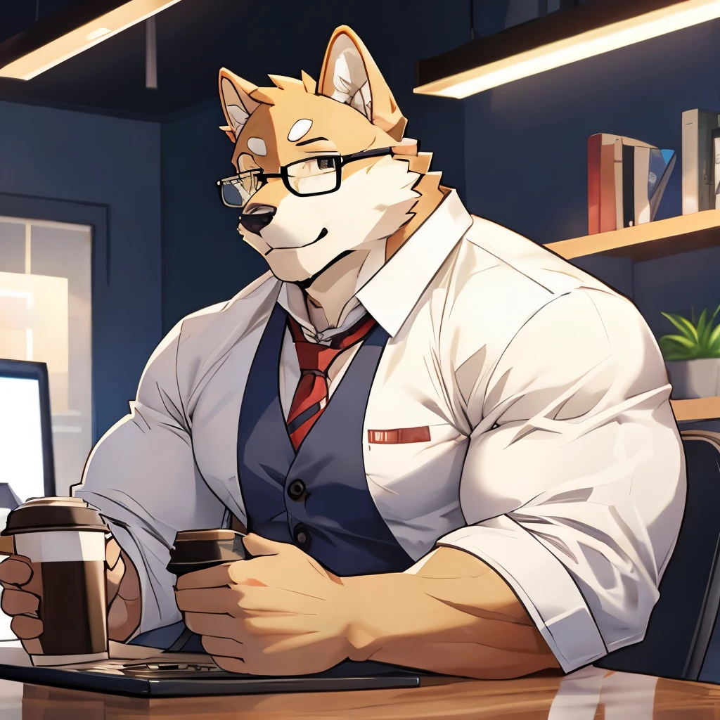 furry male shiba, big muscular body, use rounded glasses, working, likes coffee
