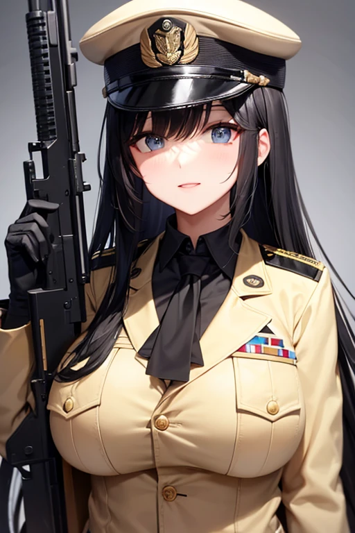 Military Uniform, Long Curly Black Hair, Breast, Military Cap, Gun