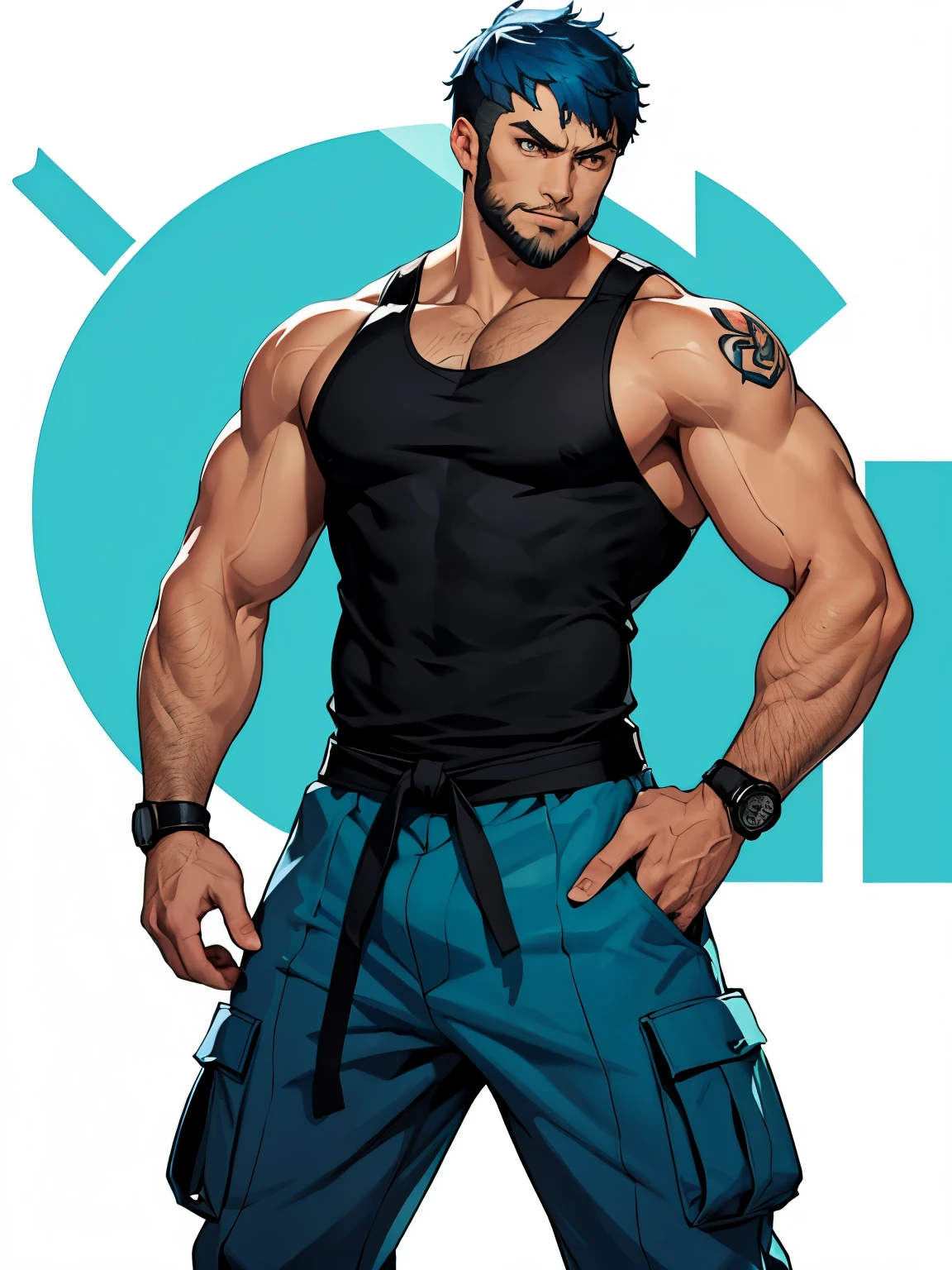 Two characters, both facing each other, in fighting stances Dojo Background, with Persona 5 game Artsyle, First charactera muscular young man with cyan blue hair in a undercut hair and tanktop and cargo pants outfit has a Short Trimmed beard no tatoos badass has a relaxed expression, Second Character is a young man with small beard wearing a karate uniform is very big muscular has long black hair have serious expression body hairless