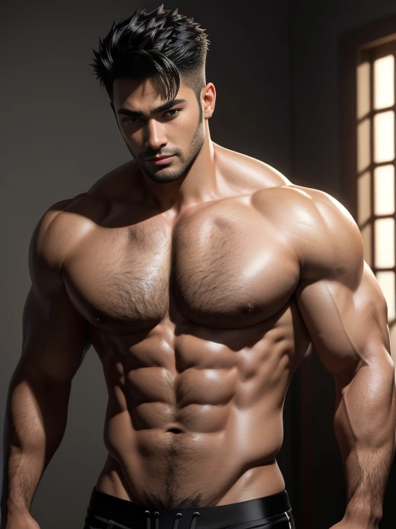 (8K,(8K分辨率),Muscular blacks, cool guy,sexy for, Bright and attractive eyes,malancholic look,Dark skin, Smooth and shiny,丰满的chest muscle,chest muscle,Naked,Lush chest and body hair,white colors,Large bumps visible,Best quality,profesional lighting,professional photoshooting,real photograph,realistic model,photorealistic art