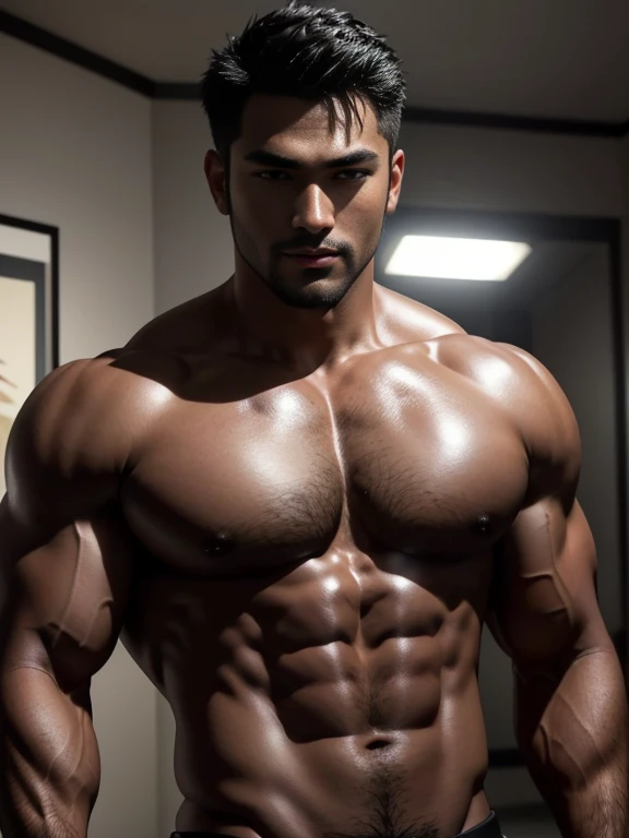 (8K,(8K分辨率),Muscular blacks, cool guy,sexy for, Bright and attractive eyes,malancholic look,Dark skin, Smooth and shiny,丰满的chest muscle,chest muscle,Naked,Lush chest and body hair,white colors,Large bumps visible,Best quality,profesional lighting,professional photoshooting,real photograph,realistic model,photorealistic art