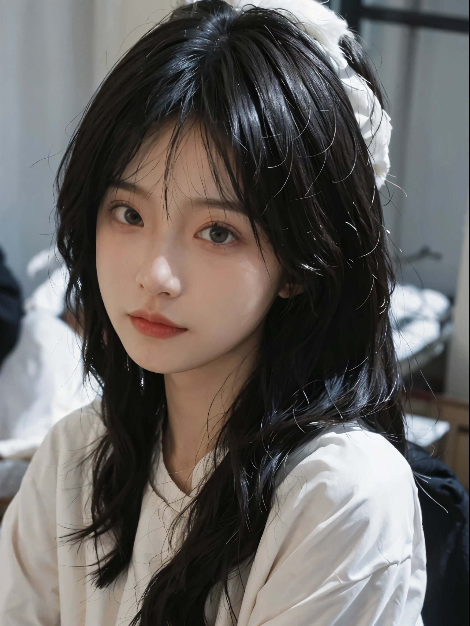 best qualtiy, 超高分辨率, (realisticlying:1.4), Girl, A pair of eyes as clear as snow,Royal sister,Black long straight,校服, looking at viewert, close up ,
