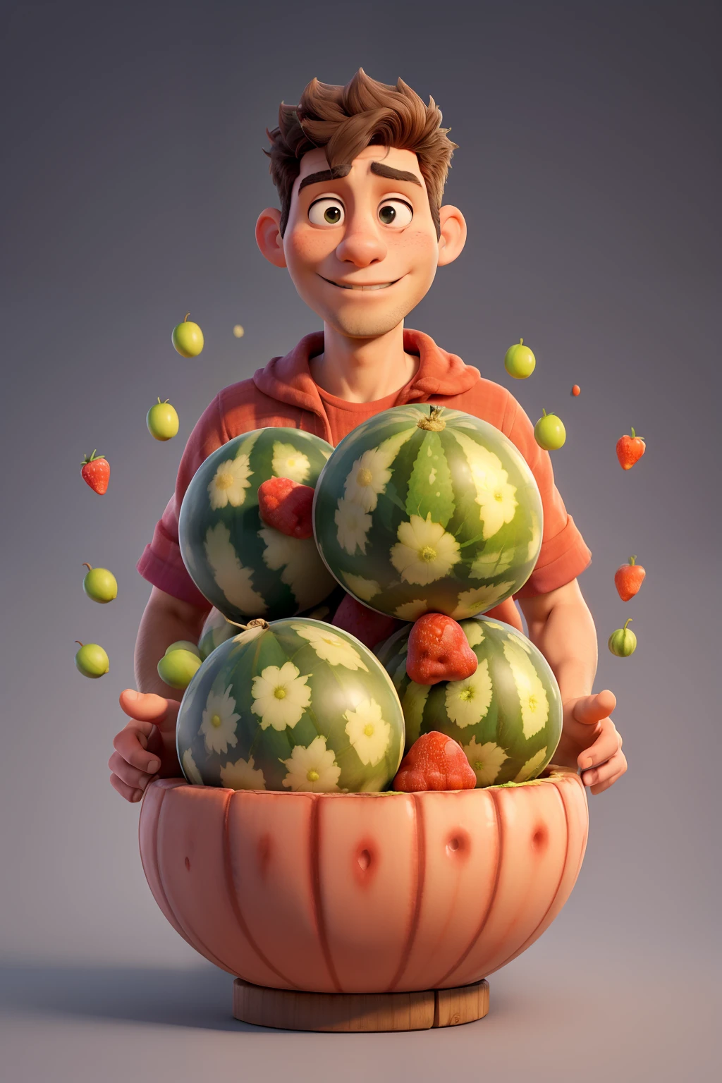 A man, surrounded by an abundance of watermelons, carefully cradles a cluster of them in his lap. The background is filled with a profusion of colorful watermelons, creating a vibrant scene of abundance and summertime. This stunning photograph showcases the man's focus and attentiveness as he interacts with the plump, juicy fruits. The image captures the crispness of the details and the vibrant colors, making it an exquisite and visually striking portrayal.