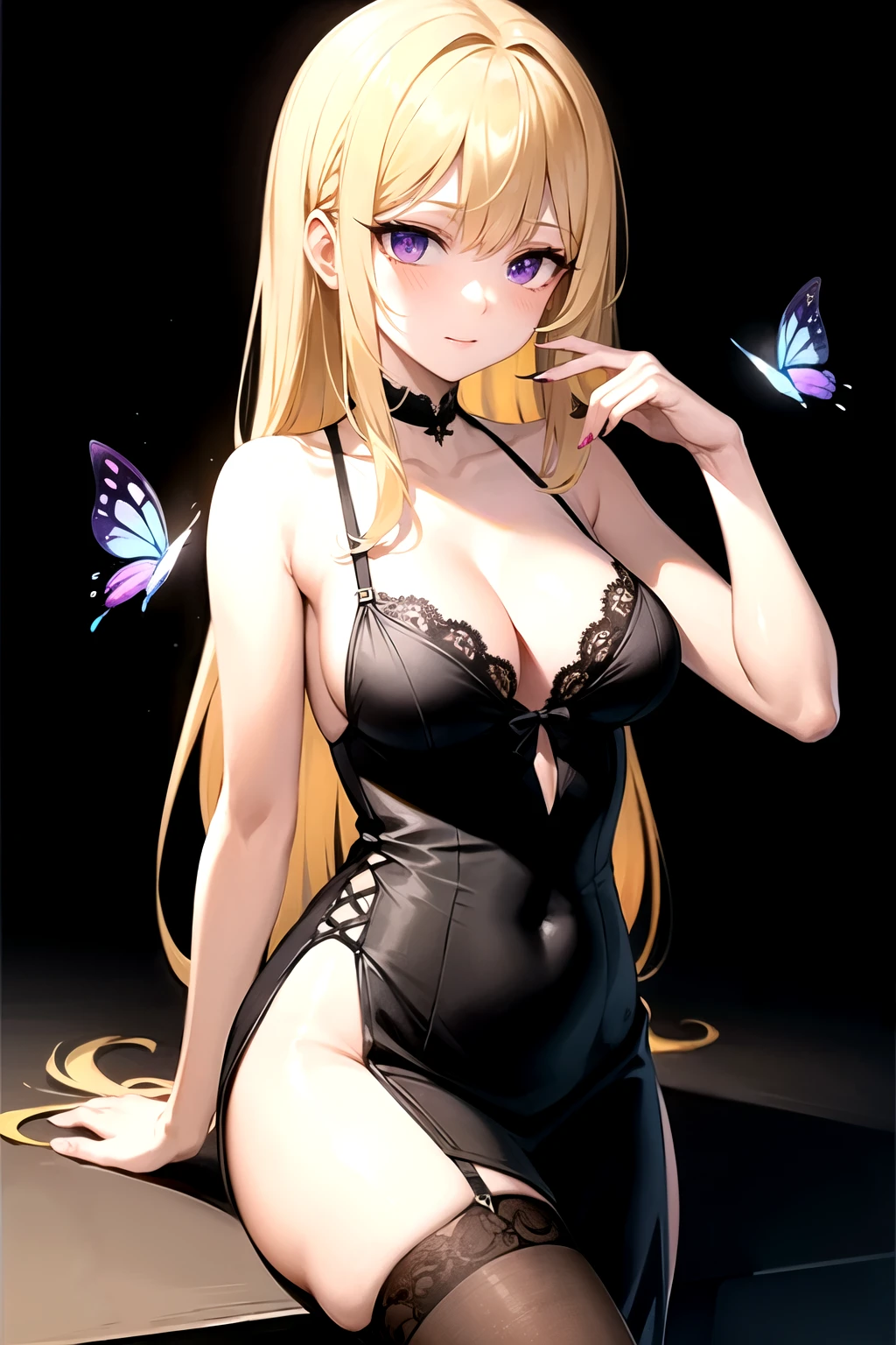 Yellow hair, long hair, girl, beautiful girl, cute, sexy, black dress lingerie, hot, black stocking, eyes, purple eyes, butterfly around, 4K, ((masterpiece)), ((best quality)), plain black background