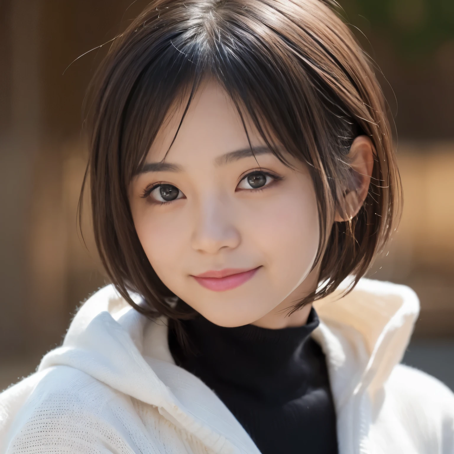((Best-quality, Masterpiece, Ultra-High-Resolution, (Photorealistic:1.4), Raw-Photo, Extremely-Details, Perfect-Anatomy)), 1girls, 30-years-old, the most popular Japanese-actress, innocent smile, (((((extremely cute and childish face like a most famous Japanese-actress, extremely beautiful big-black-solid-eyes))))), extremely beautiful black-short-cut-haired, extremely beautiful lips, extremely beautiful long-eyelashes, extremely beautiful realistic-skins, wearing only loose-sweater, (((downblouse)))