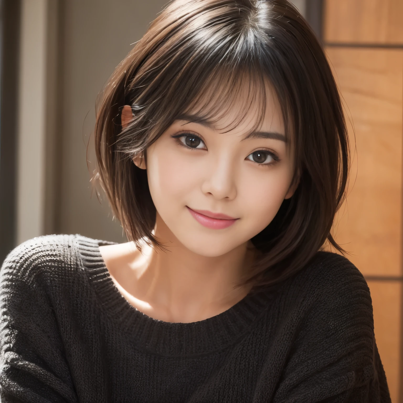 /*Quality writing*/ of the realistic highest quality, 16 K, masterpiece, hyper detailed face, very detailed lips, Detailed eyes, Realistic pupils, Realistic skin, Realistic hair,BREAK, /*Characters and expression extremely beautiful 18 years old jihyo twice from russian:1.3), her face mixture korean and Caucasian russian Girl, 1 girl, Light on Face, 18 years old, (short hair:1.2 blunt bob cut_MUST), (glossy black hair:1.2), ((Very sweet smile)), BREAK, /*physique*/ (medium boobs:1.3), (perfect body curves), BREAK, /*garments*/ (grey off longsleeve shirt:1.3), (black gloves:1.2), (white short cotton pants), mini cute style, (full body:1.2), BREAK /*Pose*/ (sit in a sideways style with both holders hidden downwards pose:1.2), nice hand, Perfect hands, perfect fingers, perfect leg, BREAK /*Angular posture*/ (dark bedroom lighting :1.2), (sweet bedroom atmosphere:1.3), (many dream catcher :1.2), aesthetics , night, bedroom, (dark bedroom:1.2), drem-catcher, grey wall , Looking at Viewer