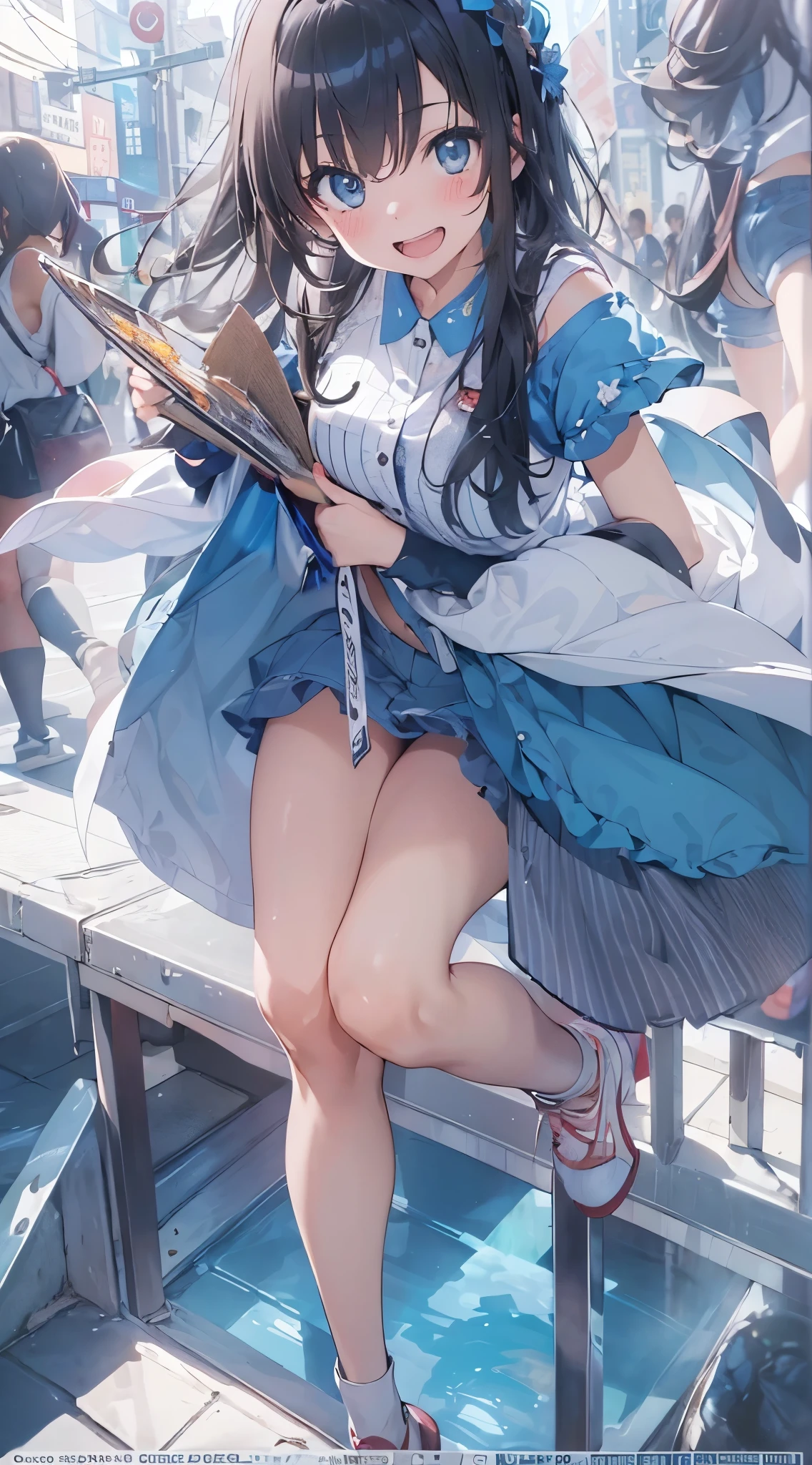 1womanl,Black hair,14years ,(()),Beautiful breasts,(((sexy white and blue shiny cheongsam)))(())(((Blushing cheeks、Smile with open mouth)),(((Satin Narico))),((( portlate))),(,Crowds