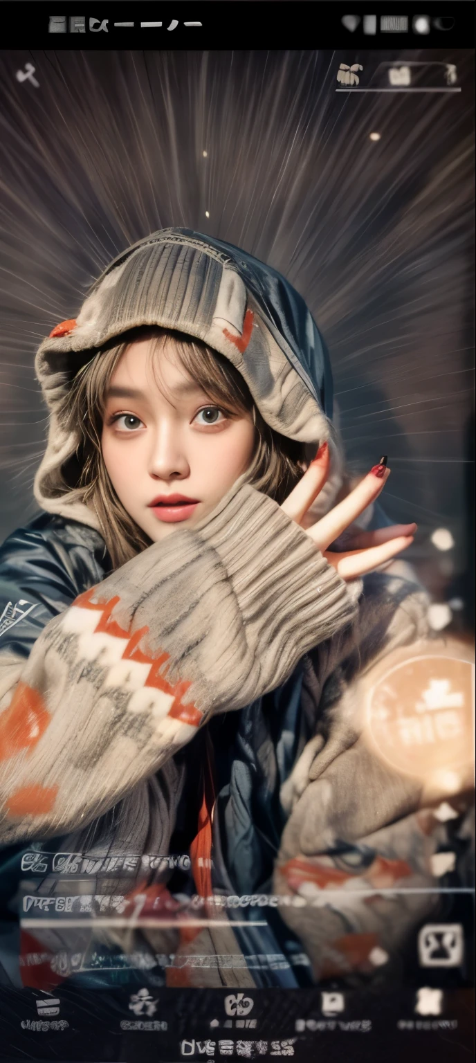 masterpiece、8K、32K、top-quality、(A detailed eye)、(A cute Japanese woman、bangss)、23years old、elegent、Christmas、Wearing a hood、Down jacket、Cheerful、