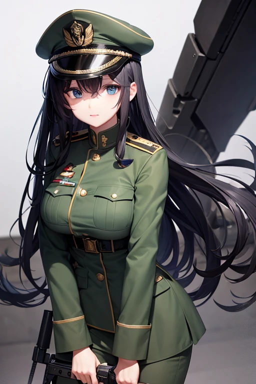 Dark Blue Military Uniform, Long Curly Black Hair, Breast, Military Cap, Gun