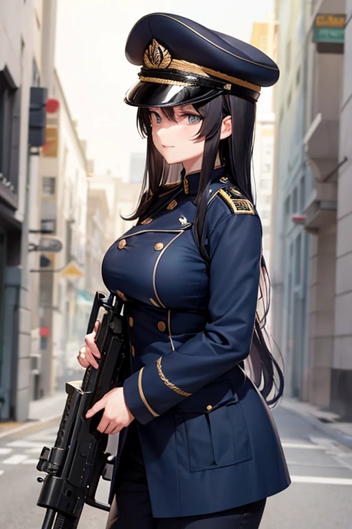 Dark Blue Military Uniform, Long Curly Black Hair, Breast, Military Cap, Gun