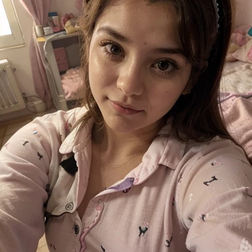 21 years old girl, usando pijama tierna, mameluco,alientita over size, selfie with front camera is a bitch, pijama pegadita se le notan los senos