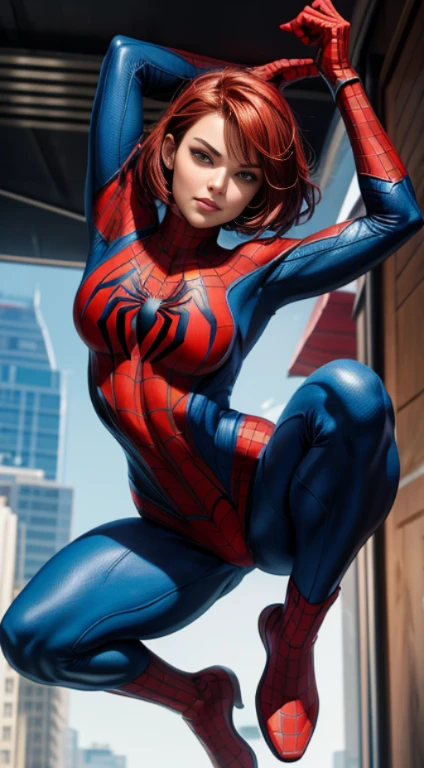 leve sorriso, a superhero dressed as Spider-Man, no mask on. a woman in a swimsuit-like Spider-Man costume, foto de corpo inteiro, Cabelo comprido vermelhos, seios enormes, Athletic body, red and blue knee-high boots, Vibrant and dynamic style, with solid colors and defined contours. highlighting the heroine. No distortions or imperfections. Centralized composition, foco na personagem. 8K分辨率, dimensions of 2040x2040 pixels.
Keep female representation strong and respectful, emphasizing her role as a superhero. Ensure a balanced and coherent aesthetic with the Spider-Man universe.