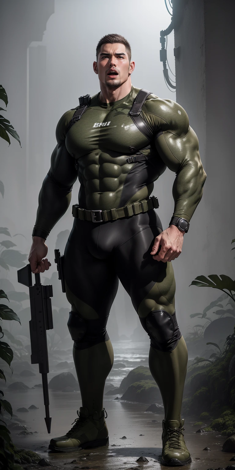 A tall, giant, muscular man with his mouth open and screaming.,Khaki camouflage uniform,character design(Resident Evil - Chris Redfield,Chris Redfield)Buzz Cut,Wearing a khaki camouflage wetsuit,Frosted grain texture,Regular symmetrical texture pattern,Standing in the gloomy cane jungle, The body is wrapped in thick rattan,expression sad,Deep and charming eyes,The male hero with emerald pupils,heroic masculine pose,Tall and burly,Muscular!Charming leg muscles,tall, Burly, and strong, Wearing a khaki camouflage wetsuit, Super gain and cool, commission for high resolution, Big feet in black boots,Charming strong man,Bright sunlight shines on the body,The texture of frosted particles is shiny