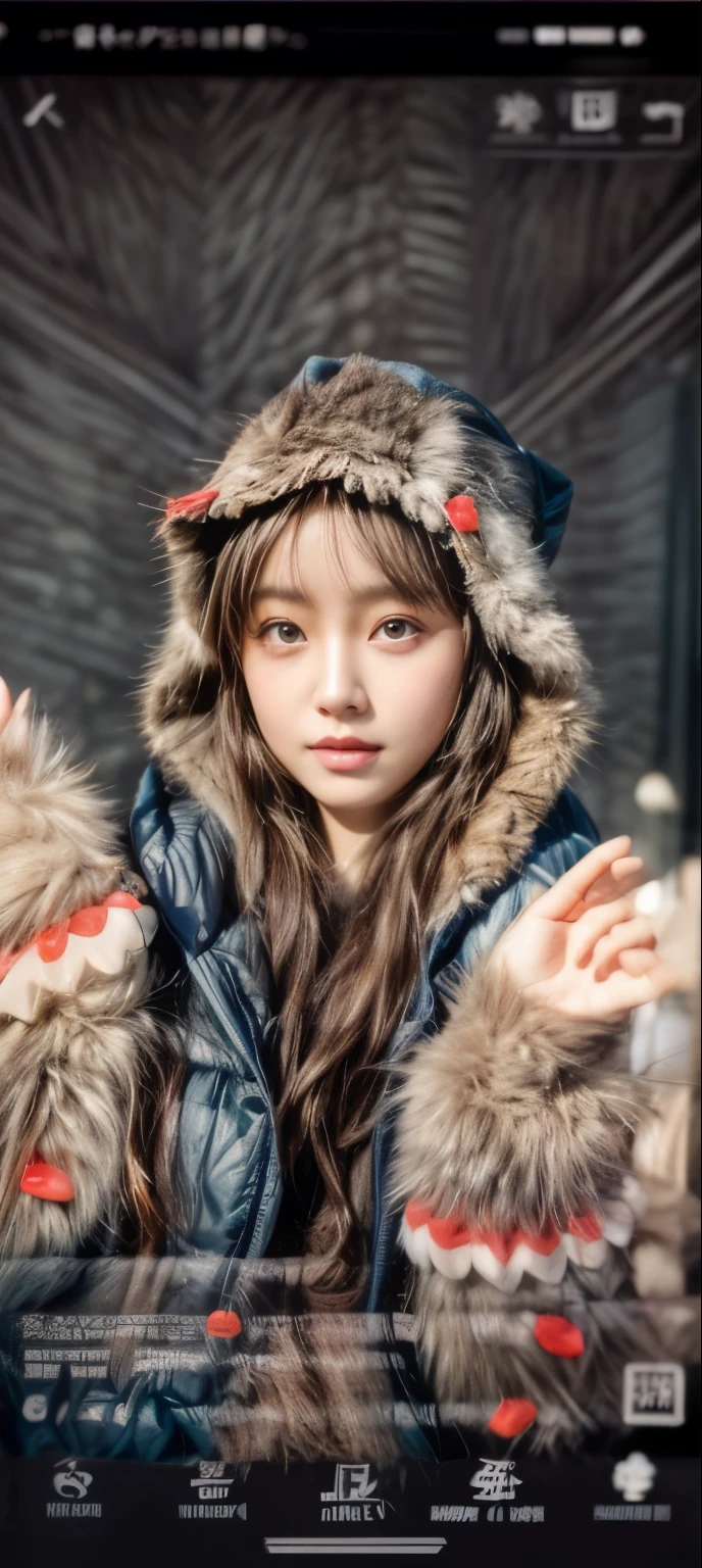 ​masterpiece、8K、32K、top-quality、(A detailed eye)、(A cute Japanese woman、bangss)、23years old、elegent、Christmas、Wearing a hood、Down jacket、Cheerful、