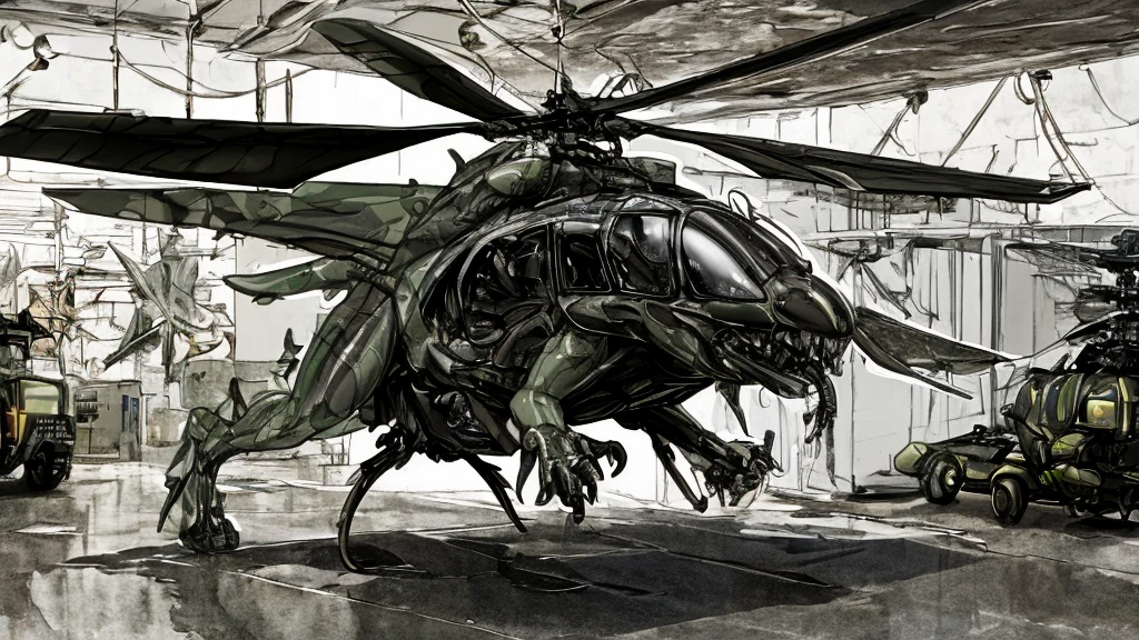extremely detailed background of military base, HD, photorealistic, masterpiece, liquid metal nanomachine ooze coating, male human helicopter aeromorph hybridization transformation, inside military compound, cyberpunk, vehicle transformation, half human, humanoid