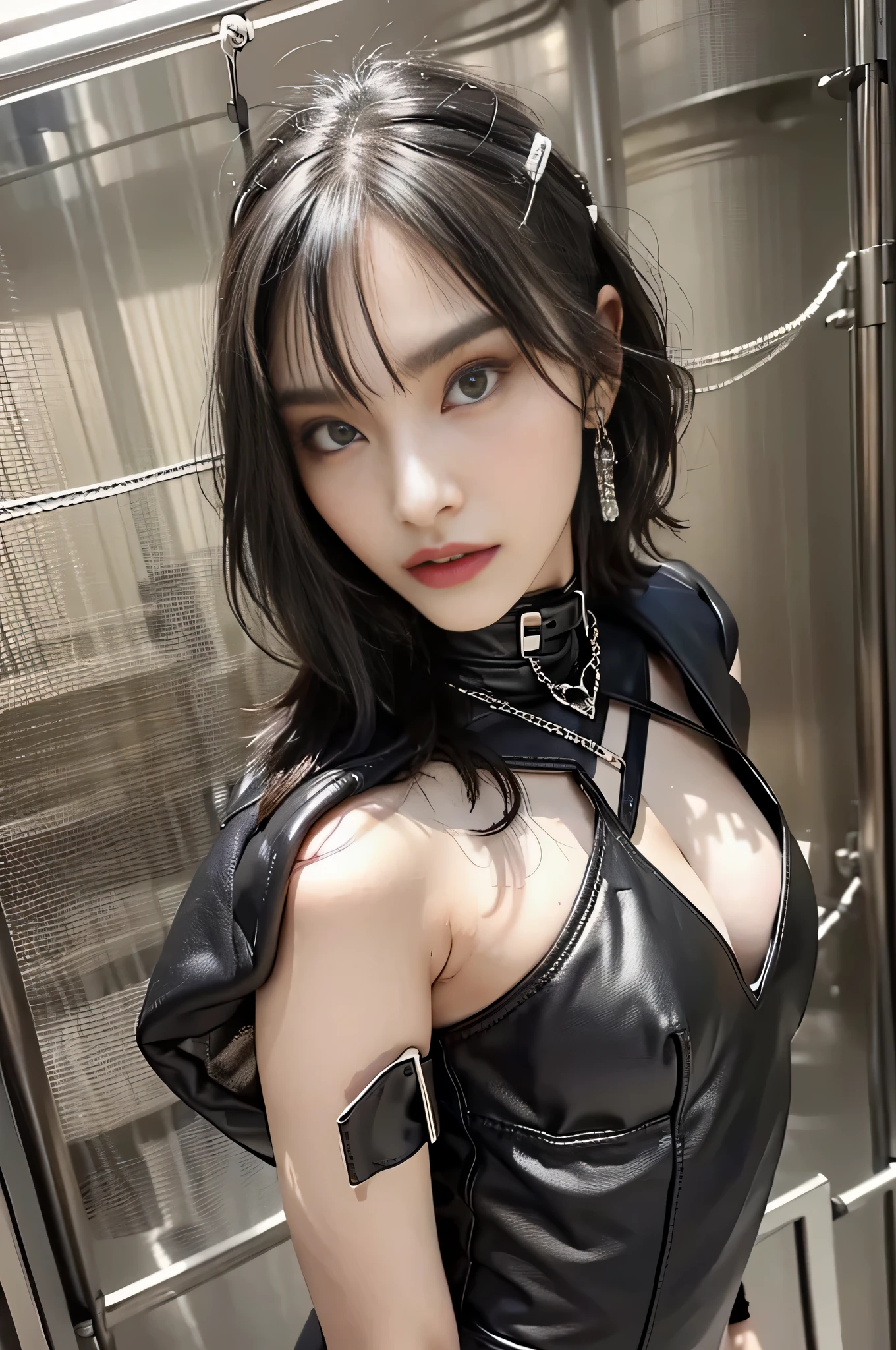 Black Corset, Bondage, (in prison cell), Chained Woman, Full Body, ((arm behind back)), Chained Chain, ((Best Quality, 8k, Masterpiece: 1.3)), Sharp Focus: 1.2, Beautiful Woman in Perfect Shape: 1.4, Slender Abs: 1.2, ((Layer Cut, Big: 1.2)), (Rain, Street: 1.2), Wet Body: 1.5, Highly detailed face and skin texture, detailed eyes, very short hair, BDSM, slave, rubber,