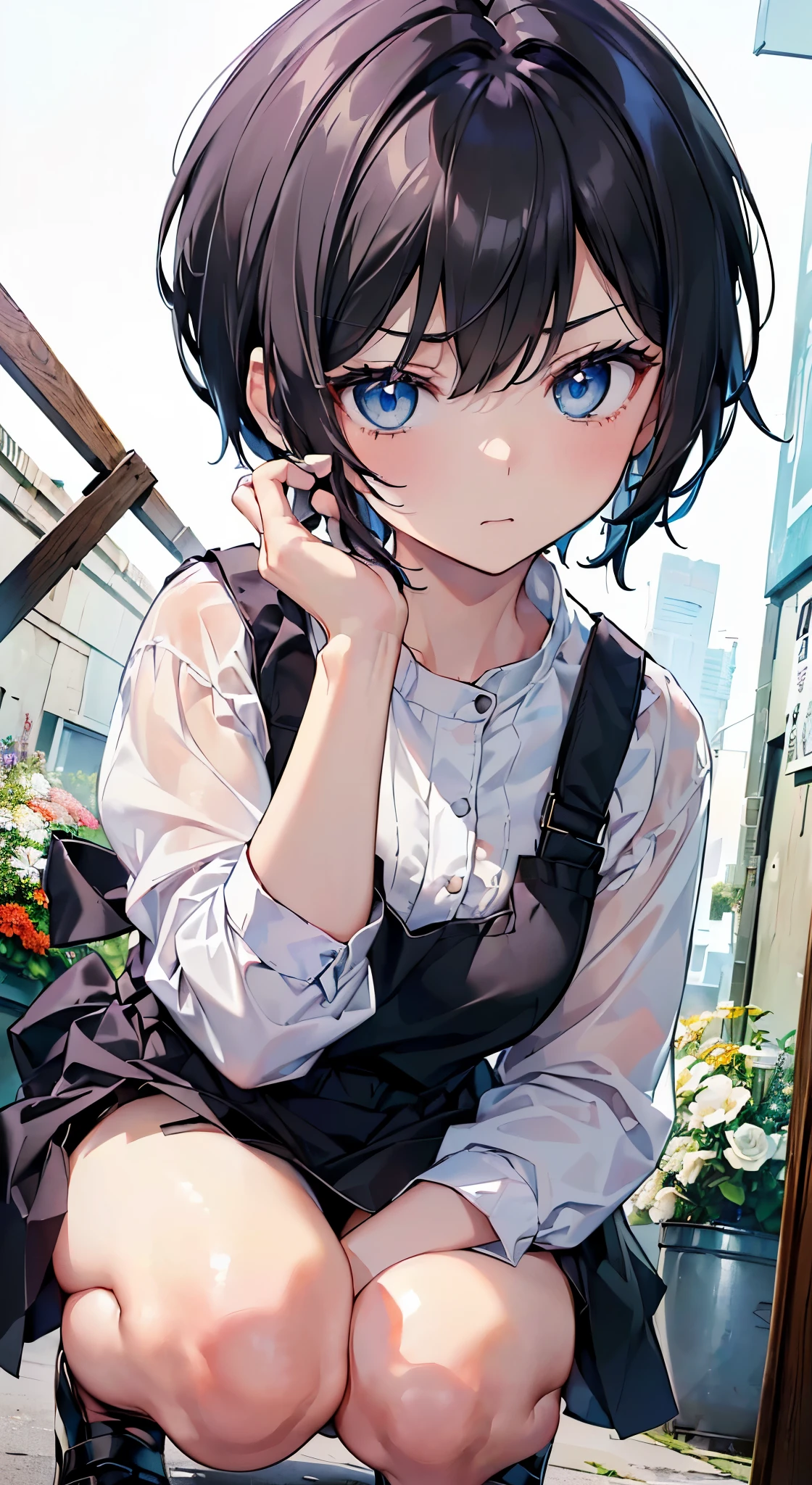 top-quality、masterpiece、(White panties:1.5、flowers in background:1.4、flower pot list、Work in a florist、Black Apron、Squatting、hair pin:1.3、8K、24-year-old woman、red tide、A little bit of my bra is visible through the gap in my clothes....、((boyish:1.3、very short-haired:1.2、Black hair、Frightened face、glares:1.3、Kamimei:1.4、Blue eyes、close angle、Close to the subject、Angle from high position、higher perspective、