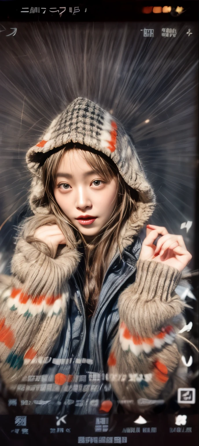 masterpiece、8K、32K、top-quality、(A detailed eye)、(A cute Japanese woman、bangss)、23years old、elegent、Christmas、Wearing a hood、Down jacket、Cheerful、