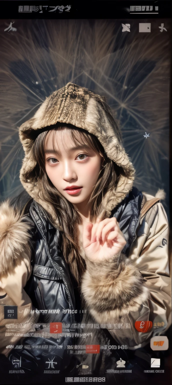 masterpiece、8K、32K、top-quality、(A detailed eye)、(A cute Japanese woman、bangss)、23years old、elegent、Christmas、Wearing a hood、Down jacket、Cheerful、