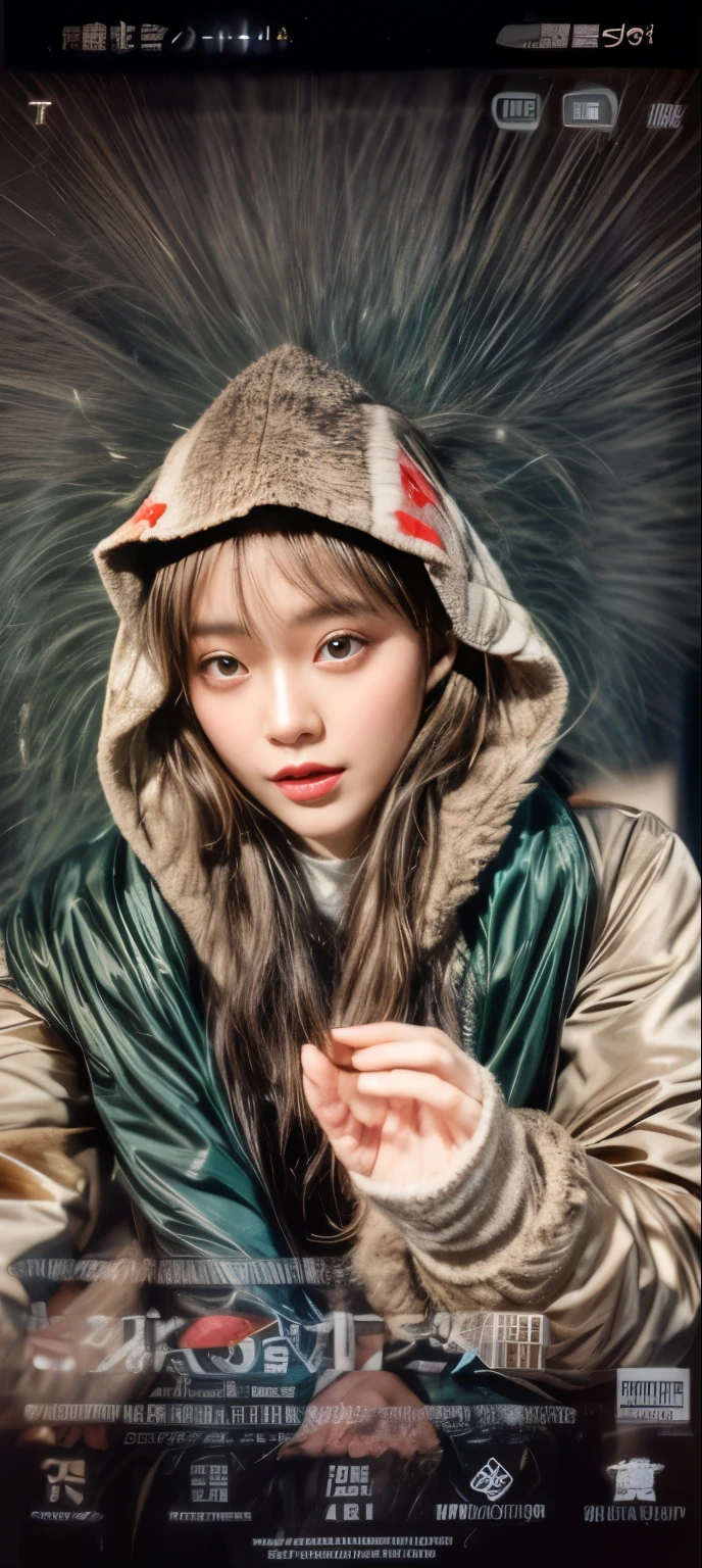 masterpiece、8K、32K、top-quality、(A detailed eye)、(A cute Japanese woman、bangss)、23years old、elegent、Christmas、Wearing a hood、Down jacket、Cheerful、
