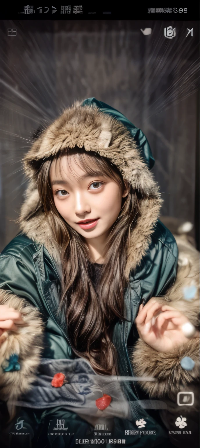 masterpiece、8K、32K、top-quality、(A detailed eye)、(A cute Japanese woman、bangss)、23years old、elegent、Christmas、Wearing a hood、Down jacket、Cheerful、