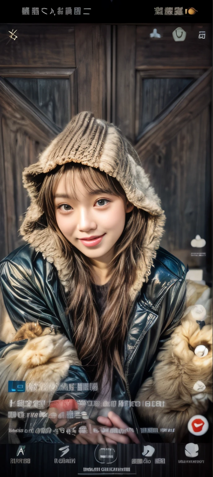 masterpiece、8K、32K、top-quality、(A detailed eye)、(A cute Japanese woman、bangss)、23years old、elegent、Christmas、Wearing a hood、Down jacket、Cheerful、