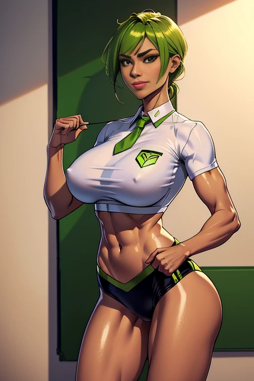 1. Alafe Street Fighter、Metallic Lime Green and Metallic Black Martial Arts Uniform、Big breasts about to burst、Shirt with metallic white breast pocketreasts pocket、neck tie、thin and long legs,、Pose ready to fight、Fitness Model、musculature、abdominals、Height 175cm、skin tanned、glistning skin、Cool smile、full-body view、