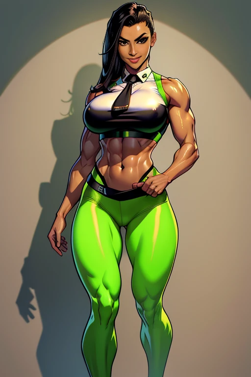 1. Alafe Street Fighter、Metallic Lime Green and Metallic Black Martial Arts Uniform、Big breasts about to burst、Shirt with metallic white breast pocketreasts pocket、neck tie、thin and long legs,、Pose ready to fight、Fitness Model、musculature、abdominals、Height 175cm、skin tanned、glistning skin、Cool smile、full-body view、