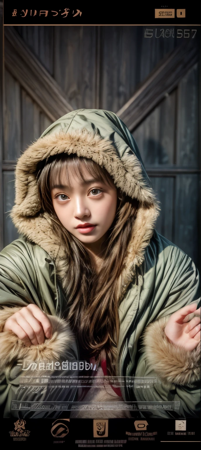 ​masterpiece、8K、32K、top-quality、(A detailed eye)、(A cute Japanese woman、bangss)、23years old、elegent、Christmas、Wearing a hood、Down jacket、Cheerful