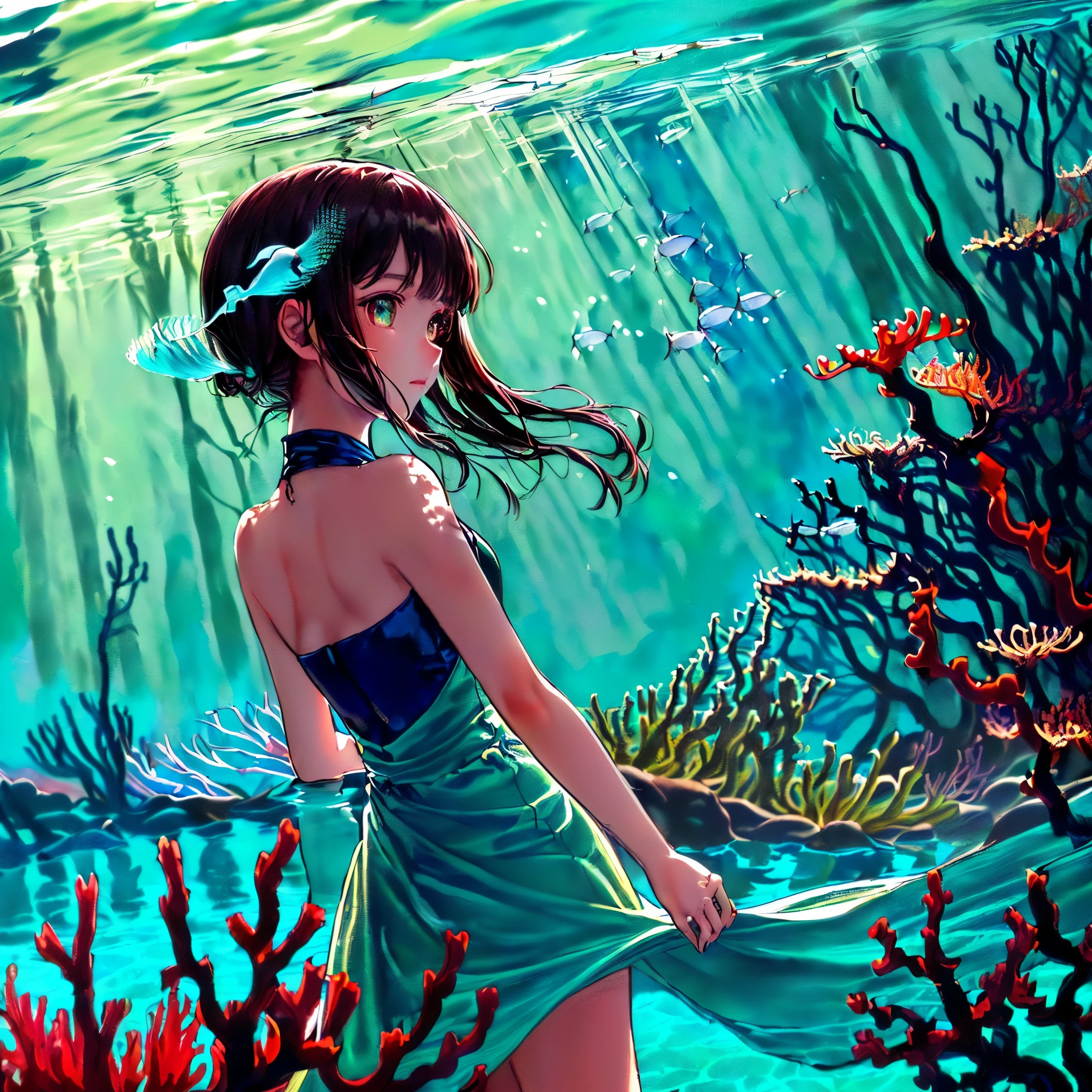 (((masterpiece))),(((best quality))),((ultra-detailed)),((underwater)),(illustration),(beautiful detailed water),((coral)),open tuck,((extremely delicate and beautiful girls)),dynamic angle,floating,(beautiful detailed eyes),(detailed light),(),floating hair,glowing eyes,(splash),underwater),((fishelack hair,green right eye,iceblue left eye,very long white dress,feather,nature,(sunlight),(underwater forest),(painting),(bloom),(detailed glow),(drenched),seaweed,fish,(((Tyndall effect))),face to face --s 1000 --c 20 --q 20