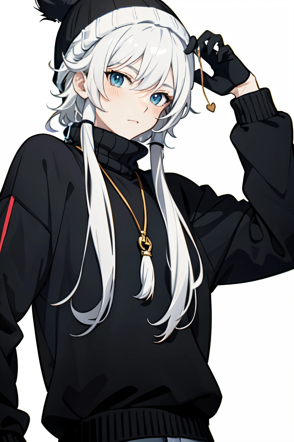 Anime boy wearing color block sweater with color v block beanie on