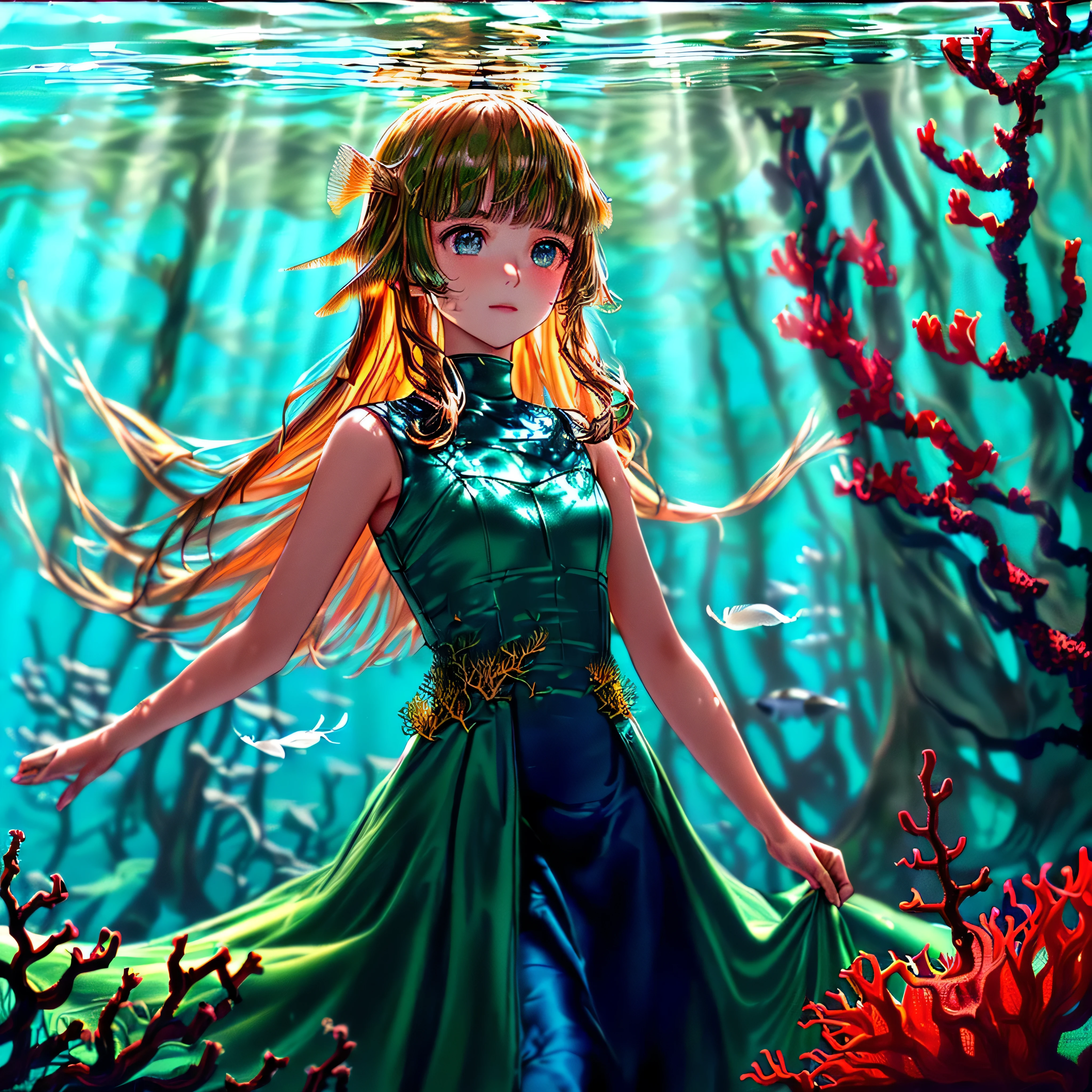 (((masterpiece))),(((best quality))),((ultra-detailed)),((underwater)),(illustration),(beautiful detailed water),((coral)),open tuck,((extremely delicate and beautiful girls)),dynamic angle,floating,(beautiful detailed eyes),(detailed light),(loli),floating hair,glowing eyes,(splash),underwater),((fishelack hair,green right eye,iceblue left eye,very long white dress,feather,nature,(sunlight),(underwater forest),(painting),(bloom),(detailed glow),(drenched),seaweed,fish,(((Tyndall effect))),face to face --s 1000 --c 20 --q 20