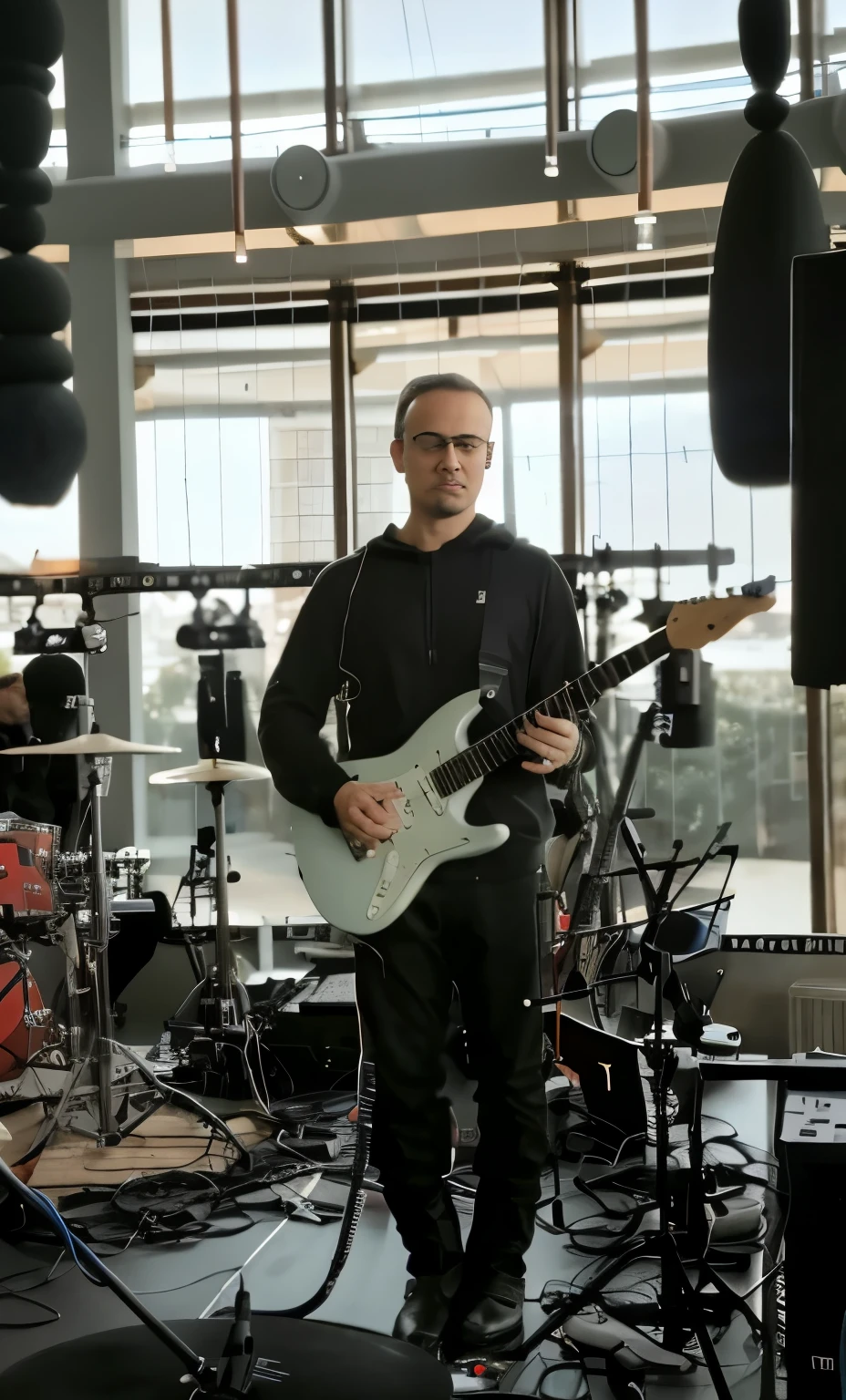 there is a man that is playing a Guitar in a room, holding electric Guitars, adam varga, alexey gurylev, musician, Guitarist, Paul Histon, anton fedeev, ed o'brien (Guitar), Rongier, badass composition, Ao fundo, Anthony, Mike Stocklasa, Live, bogdan rezunenko